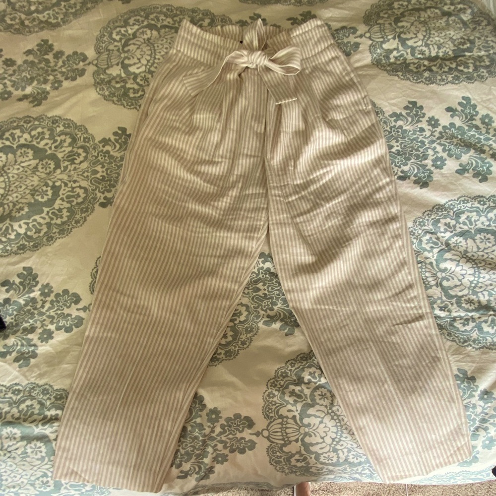 Beige Herringbone Striped Paperbag High-Waisted Pants
